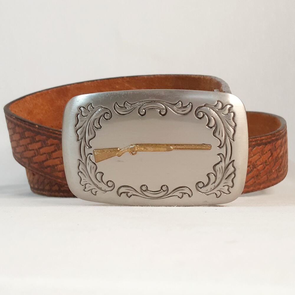💎Mens Western Style Tan Leather Belt 36 to 40 Waist Rifle Buckle Weave Pattern